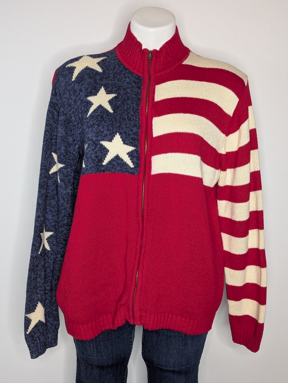 Vintage Heirloom Red Off White Blue Patriotic American Flag Zip Up Cardigan L